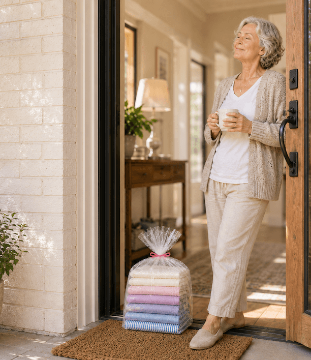 Older woman standing relaxed at her front door with a cup of coffee while a bag of neatly folded, finished laundry sits on her doorstep