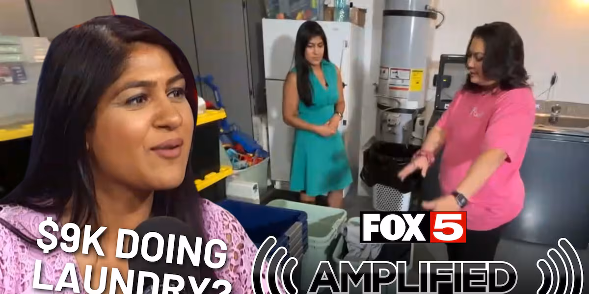 Woman being interviewed in front of a Fox 5 Amplified graphic, with a background scene showing two women in a laundry or utility room.