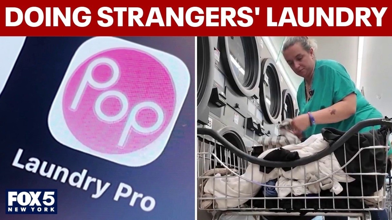 FOX 5 New York segment thumbnail showing the Poplin app and a laundry pro at a laundromat.