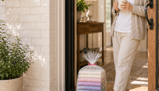 Older woman standing relaxed at her front door with a cup of coffee while a bag of neatly folded, finished laundry sits on her doorstep