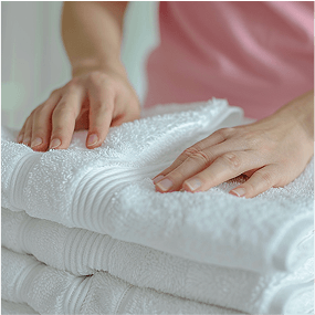 Hands neatly folding clean white towels—professional wash-and-fold service.
