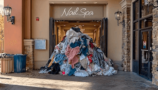 Overflowing laundry basket outside a nail spa storefront, illustrating how undone laundry takes over your day