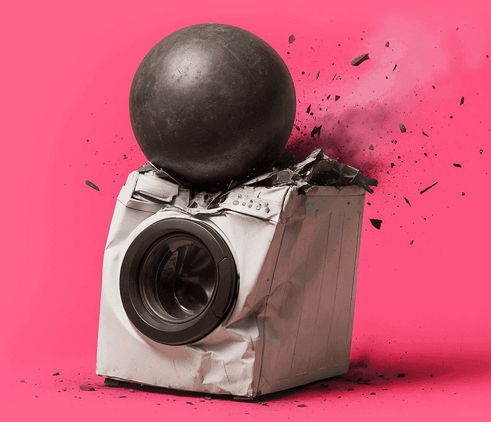 Wrecking ball crushing a washing machine on a pink background—Poplin 'Break the cycle' hero for on-demand laundry service.