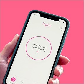 Poplin laundry app on a phone showing a New Order button for on-demand wash and fold.
