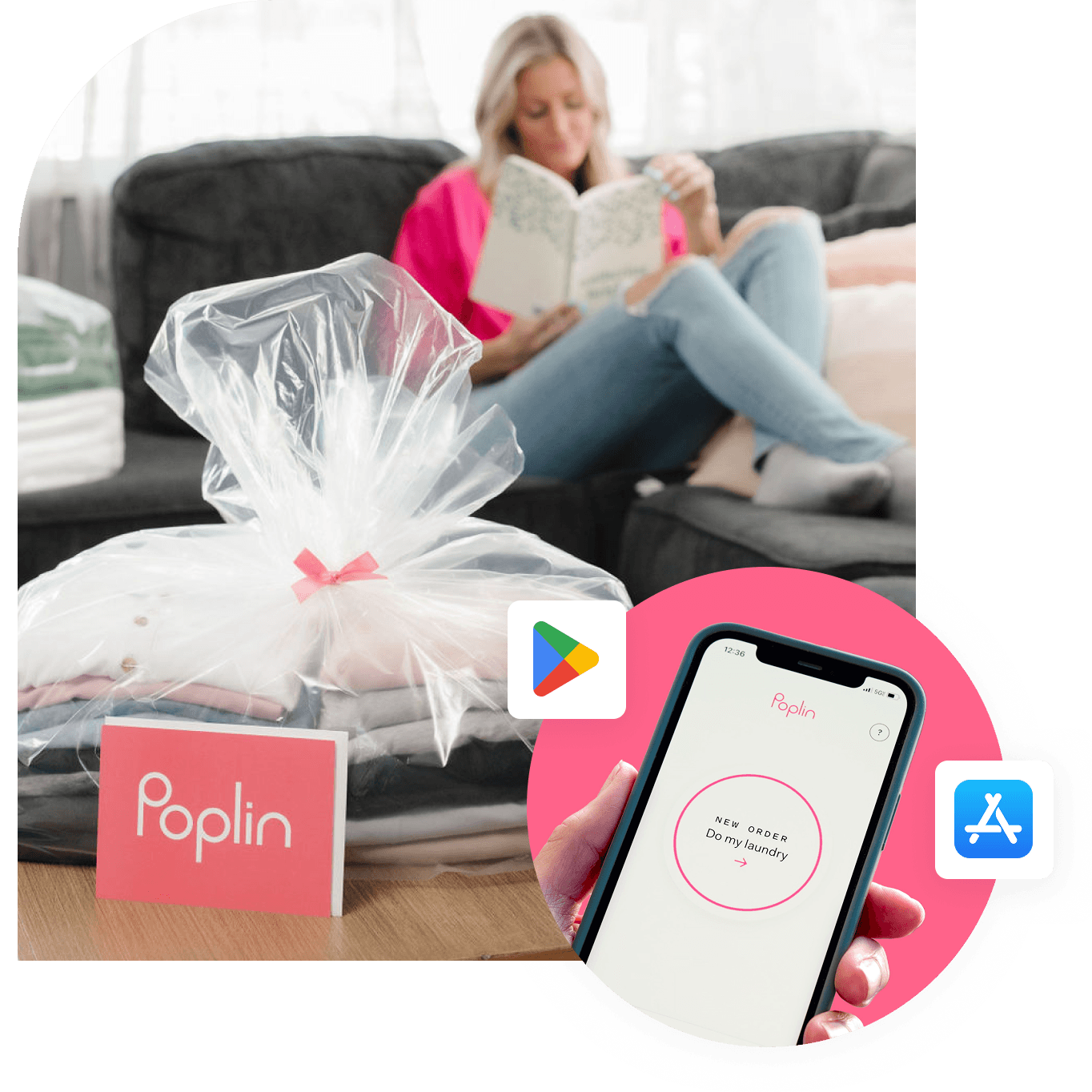 “Person relaxing with folded laundry, using the Poplin app to claim referral credits.