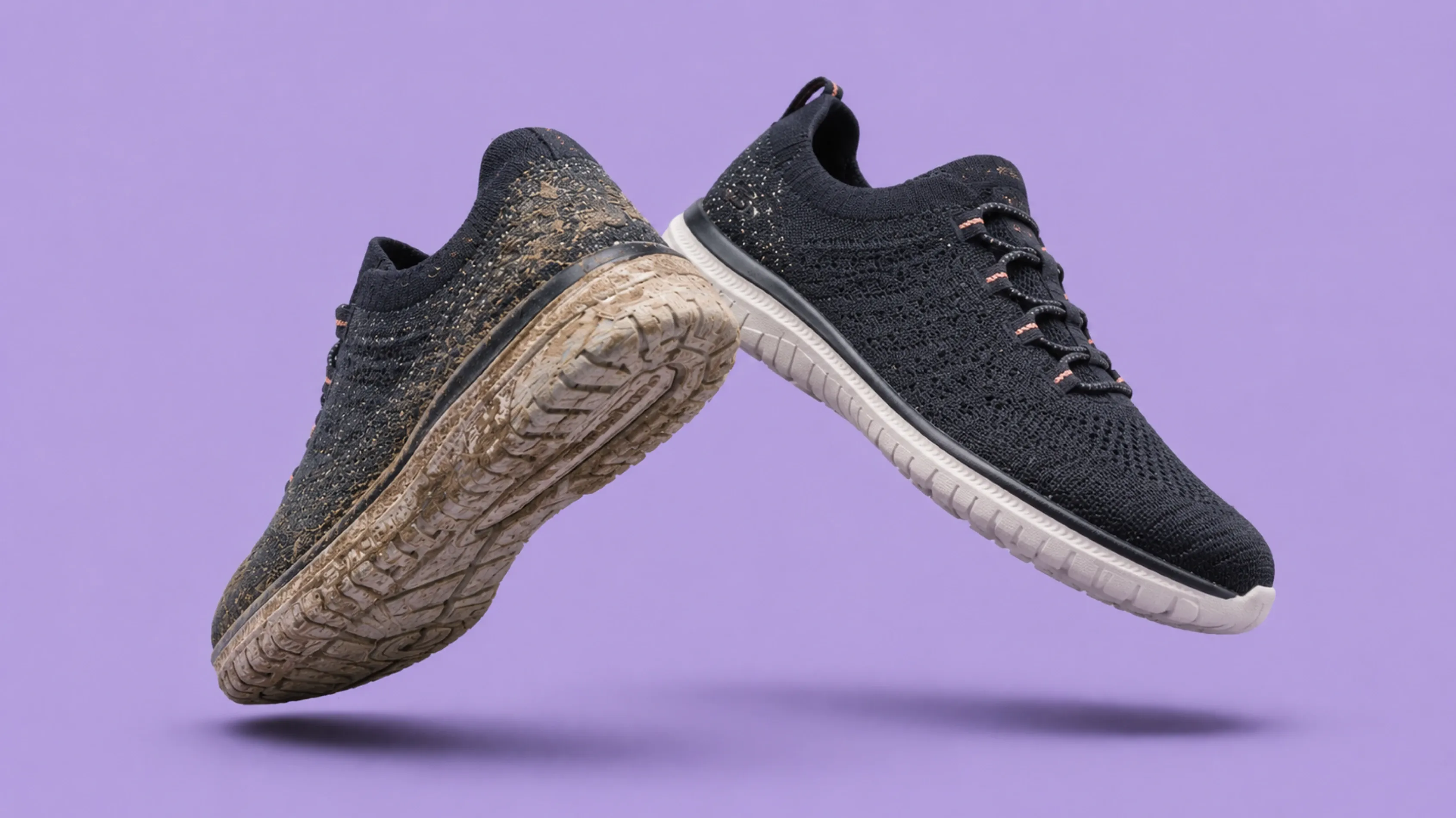 Before and after comparison of black knit sneakers showing the results of Poplin Shoe Cleaning.