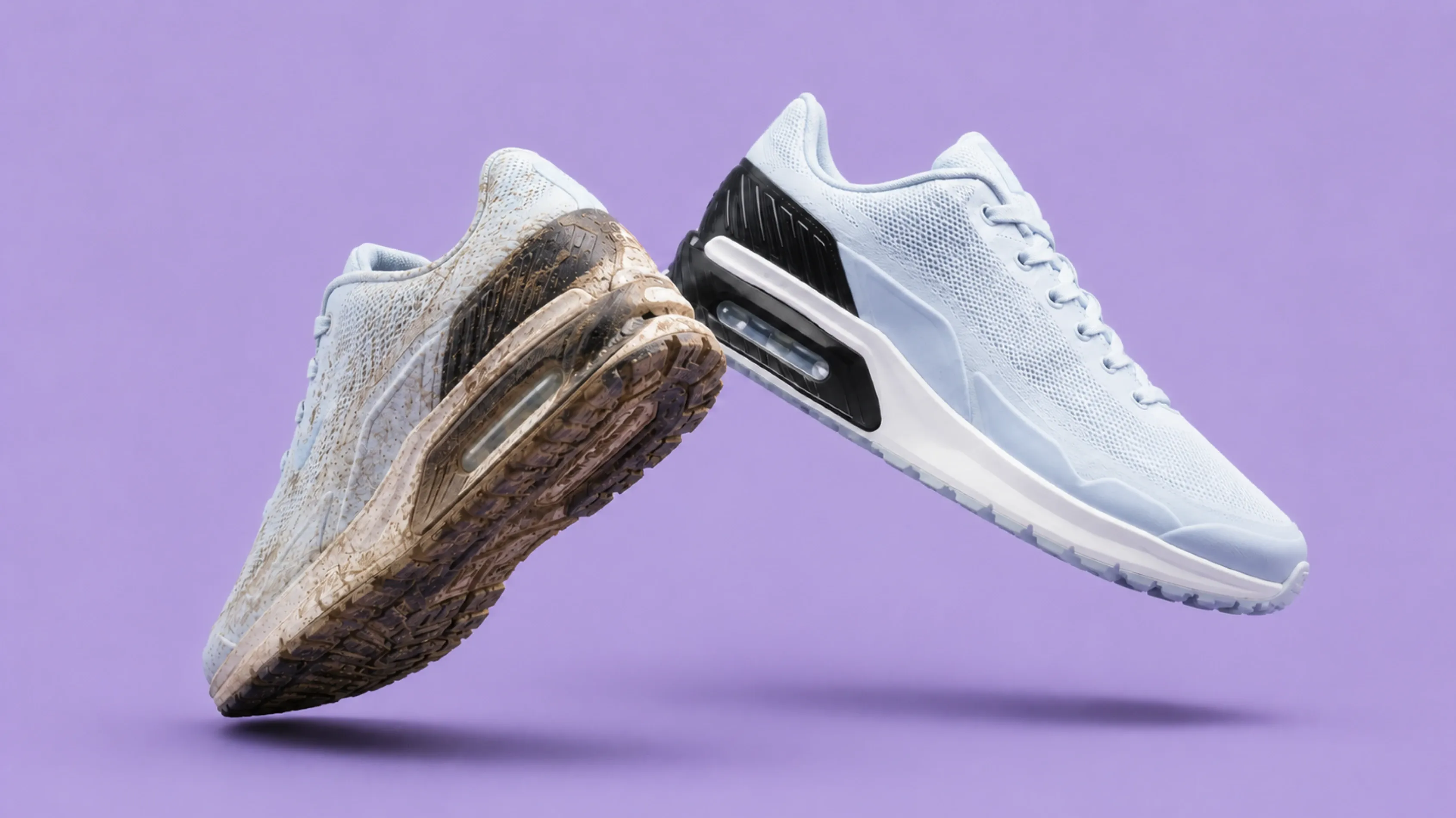 Before and after comparison of white running shoes showing dirt removed through Poplin Shoe Cleaning.