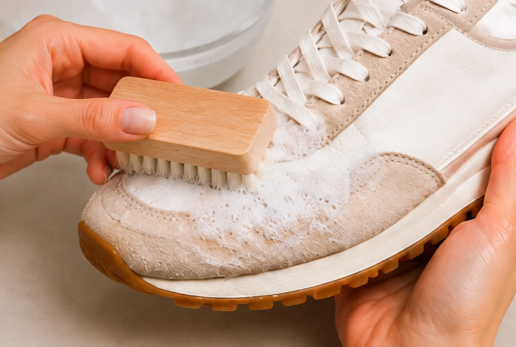 Person gently brushing a sneaker with a soft brush during the shoe cleaning process.