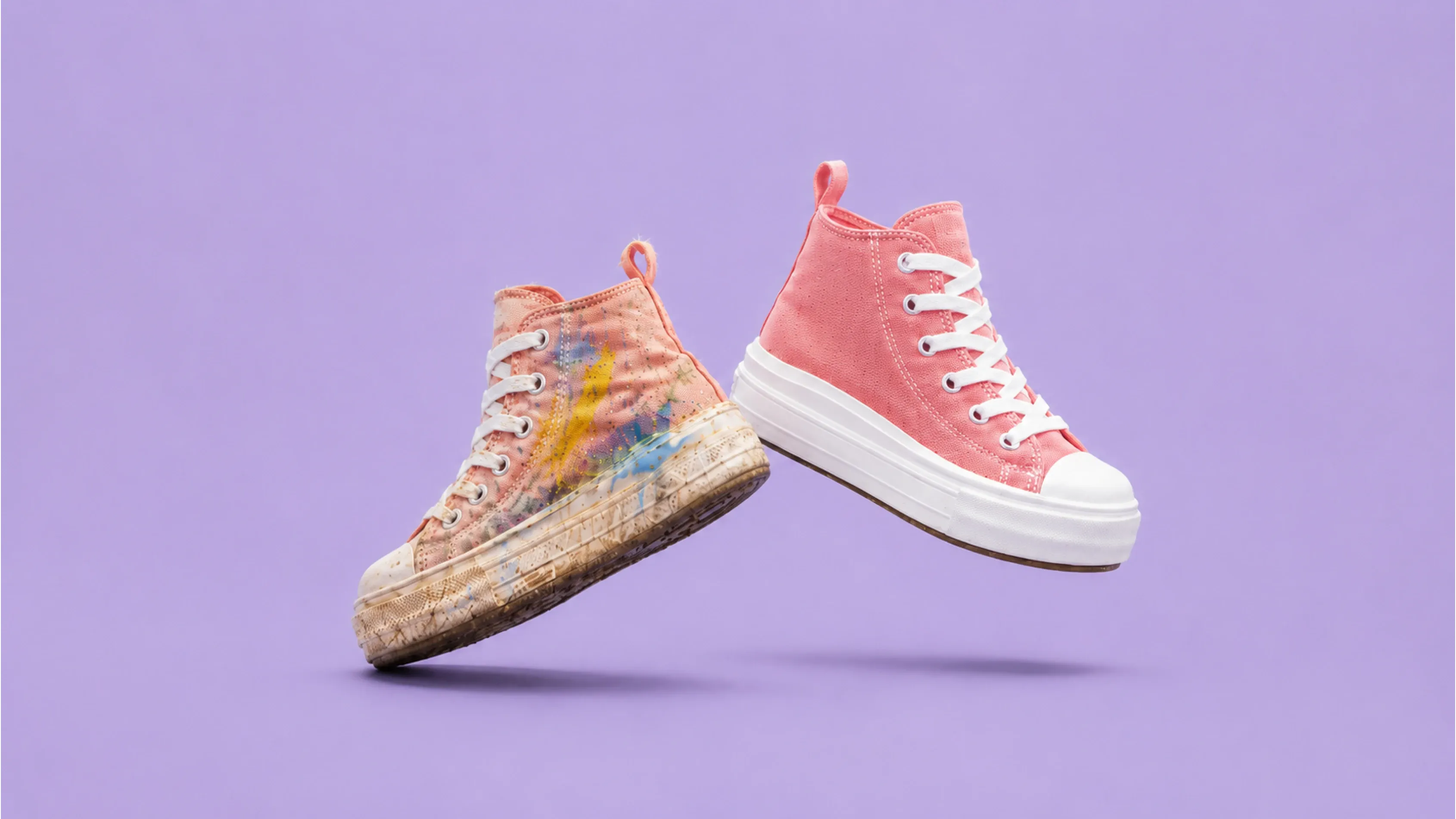 Before and after comparison of pink high-top sneakers showing the results of Poplin Shoe Cleaning.