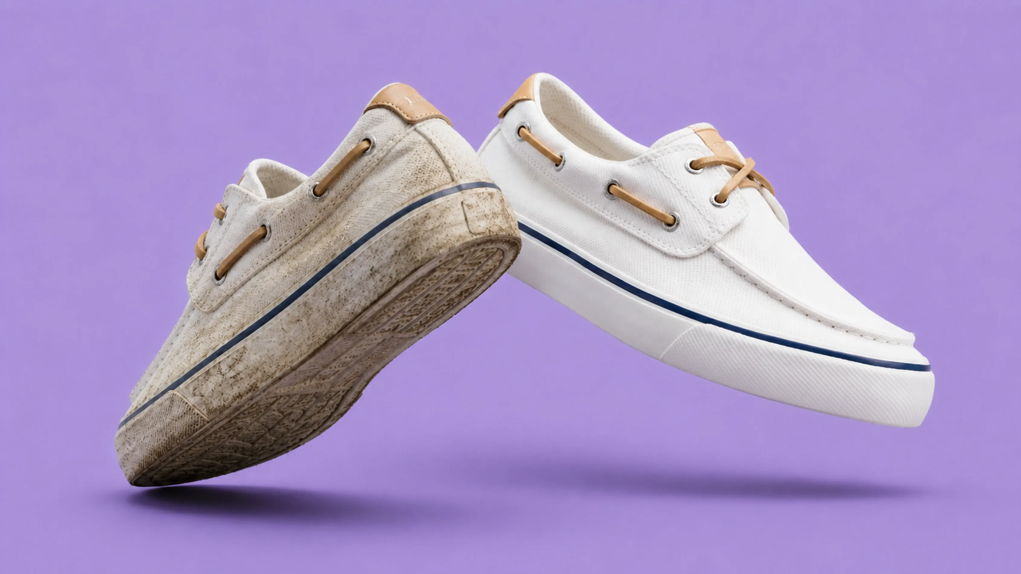 Before and after comparison of white boat shoes following professional shoe cleaning.