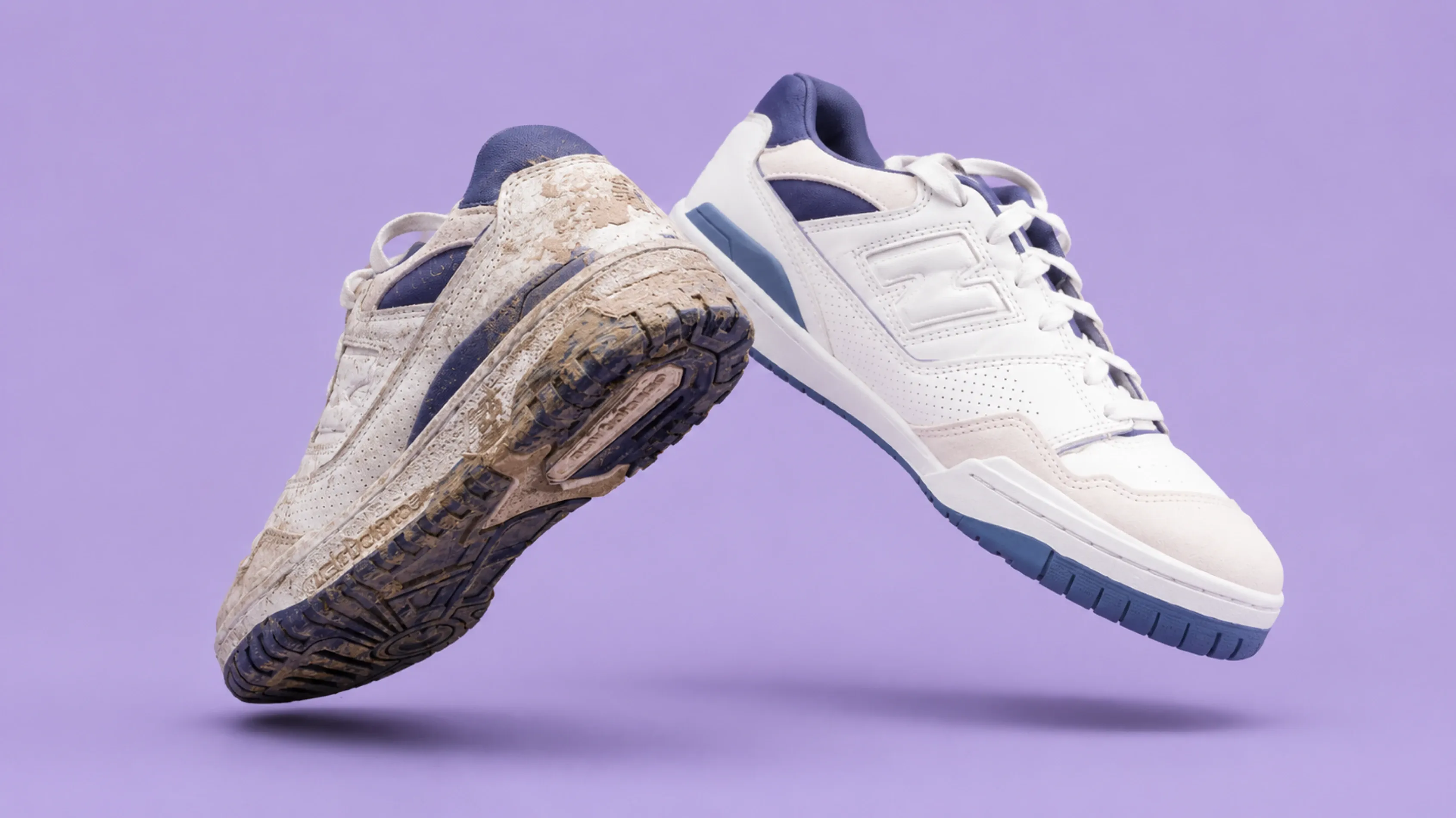 Before and after comparison of white casual sneakers after professional shoe cleaning.