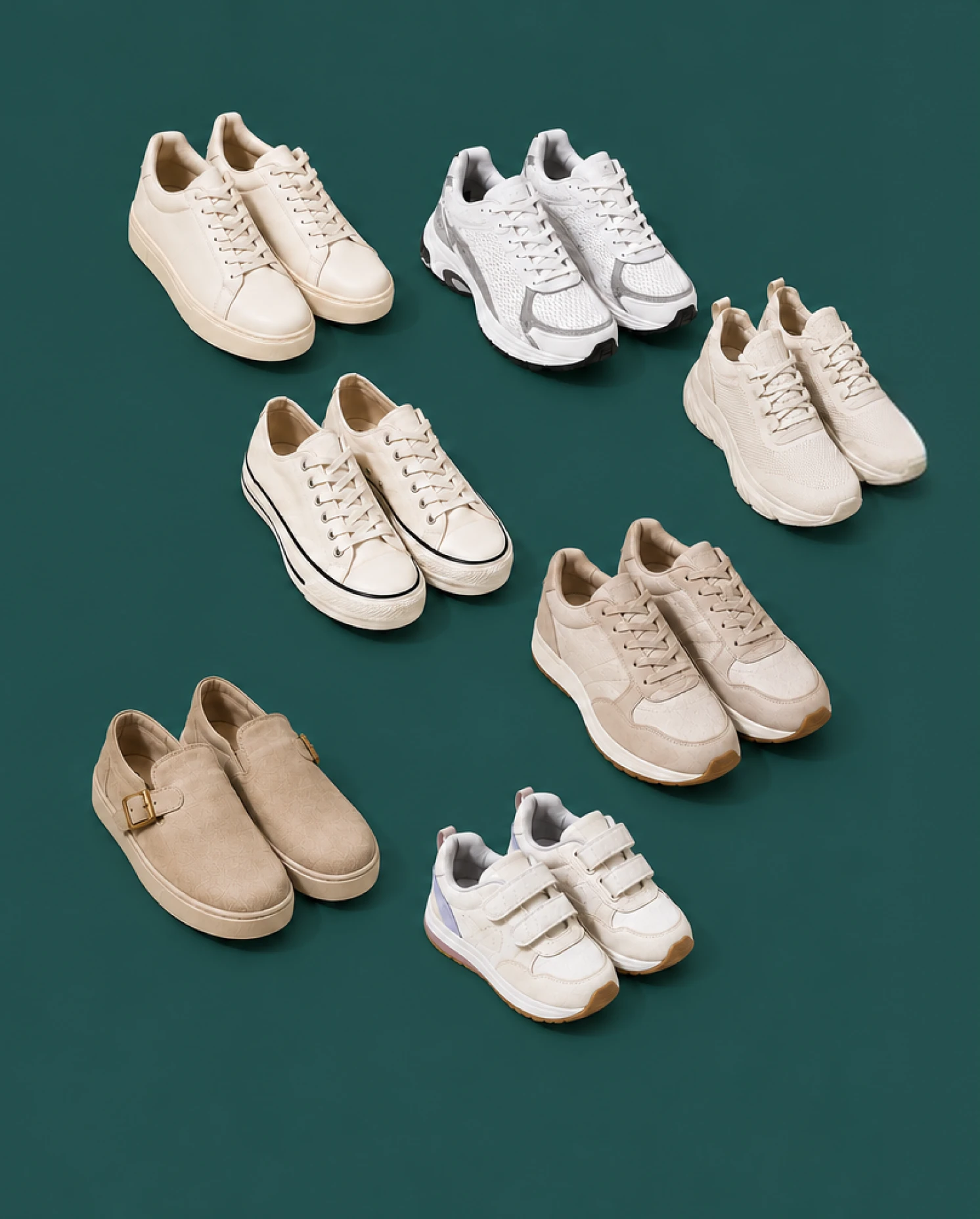 Collection of everyday shoes supported by Poplin Shoe Cleaning, including sneakers, athletic shoes, casual shoes, slip-ons, and kids' shoes.